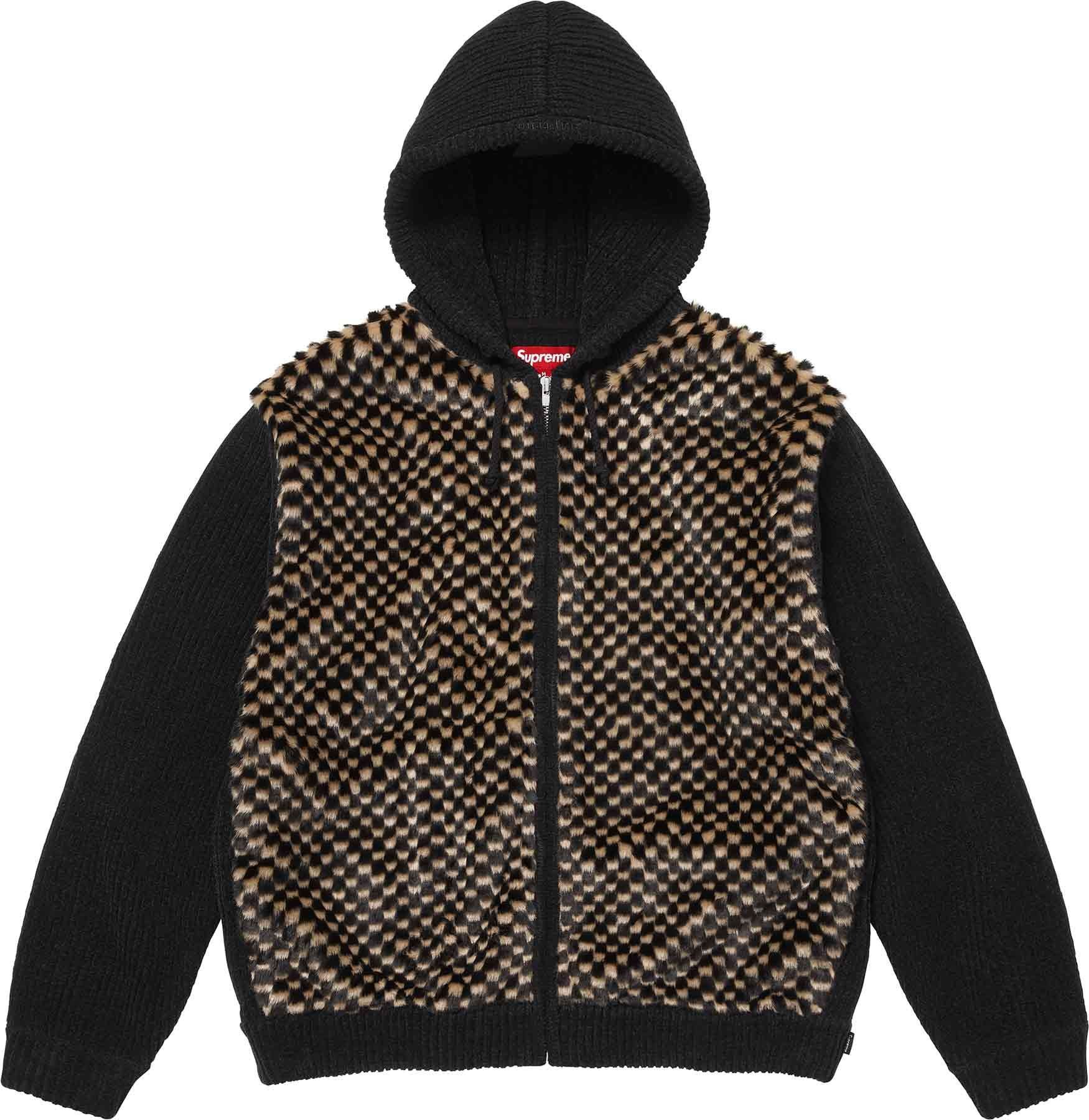Checkerboard Faux Fur Zip Up Hooded Sweater view 10